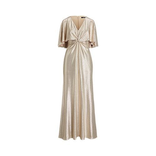 Lauren Ralph Lauren Twist-Front Foil Print Cape-Overlay Gown Gold/Tan 18